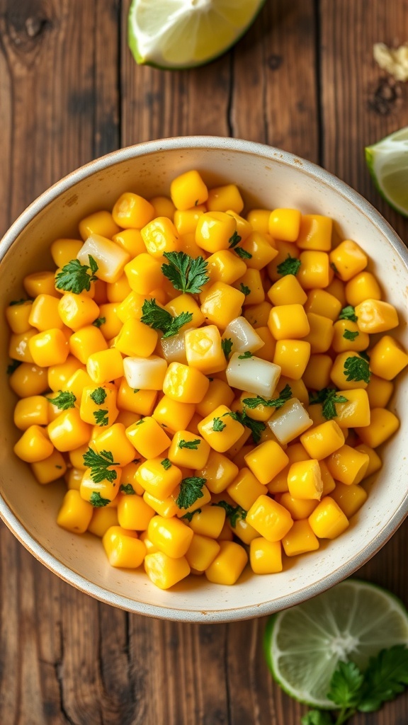 Sautéed sweet corn kernels in a bowl, garnished with parsley and lime wedges on a wooden table.